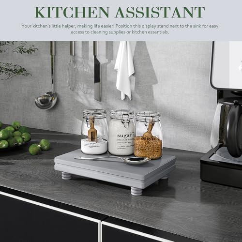 EOSAHR Wooden Tray Pedestal Stand for Home and Kitchen Decor – Decorative Tray for Soap Holder & Bathroom Essentials – Multi-Functional Bathroom Counter Organizer (Grey) - color: Gray