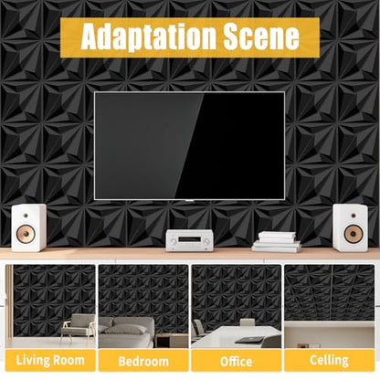 Decorative 3D Wall Panels, 33 Pack Textured PVC Tiles 12x12 Inch, Black - Covers 33 Sq Ft, Modern Wall Art for TV Wall & Game Room, Waterproof & Cuttable (Glue Required)
