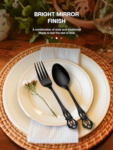 Stapava 40 Pcs Black Silverware Set, Gorgeous Retro Royal Silverware Set for 8, Stainless Steel Mirror Flatware Cutlery Set, Include Forks Spoons and Knives set, Dishwasher Safe Utensils - style: Retro Royal Black