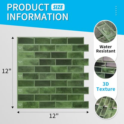 Art3d 10-Sheet Kitchen Backsplash Tiles Peel and Stick, Self Adhesive Wall Tile Sticker for Kitchen Island Bathroom Laundry Room RV Renter 12" x 12" - Jade Green - color: Jade Green