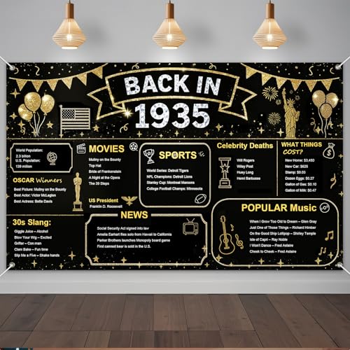 IVN Back in 1935 Backdrop Banner 71x43 Inch Black and Gold Birthday Party Decorations Photography Background Photo Booth Props for Men Women - color: Back in 1935