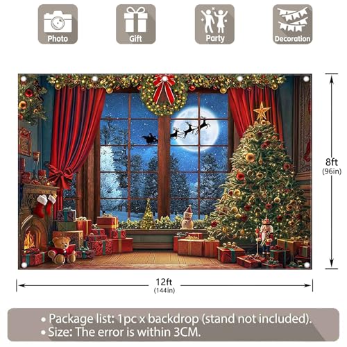 Fabric 12x8ft Christmas Window Photography Backdrop Winter Merry Xmas Tree Background Night Snow Party Decoration Holiday Photo Banner Props - size: 12'x8'