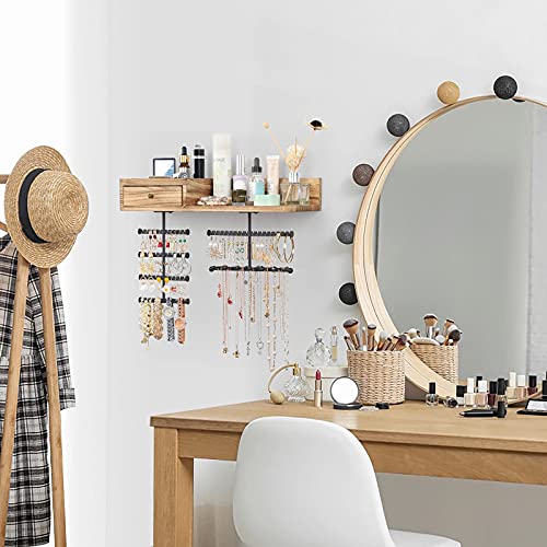 VINAEMO Jewelry Organizer Hanging Wall Mounted Jewelry Holder with Rustic Wood Drawer & Large Capacity Storage Shelf Rack Display for Earrings Rings Necklaces Bracelet - color: Carbonized Black