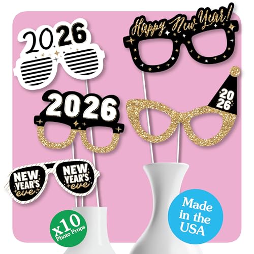 Big Dot of Happiness Hello New Year Glasses - Paper Card Stock 2026 NYE Party Photo Booth Props Kit - 10 Count