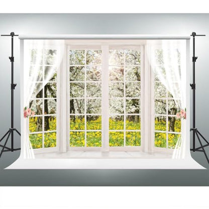 YongFoto 7x5ft Spring Window Scenery Backdrop Yellow Wild Flowers Garden Spring Blossom Lush Trees Nature Landscape Photo Background Girl Woman Birthday Party Kids Adults Portrait Photo Studio Prop - color: White 1, size: 7x5ft