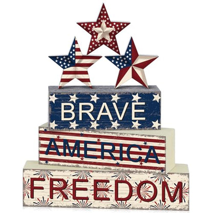 Geelin 6 Pieces Memorial Day Table Decorations Patriotic Wooden Block Signs 4th of July Centerpieces Freedom Brave Red White Blue Tiered Tray Decor for Home 250th Anniversary - style: Star
