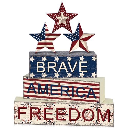 Geelin 6 Pieces Memorial Day Table Decorations Patriotic Wooden Block Signs 4th of July Centerpieces Freedom Brave Red White Blue Tiered Tray Decor for Home 250th Anniversary - style: Star