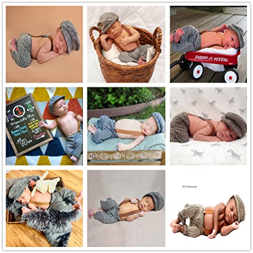 Newborn Monthly Baby Photo Props Stripe Checked Flat Cap Newsboy Suspender Pants Romper for Photography Outfits - color: Dark Blue