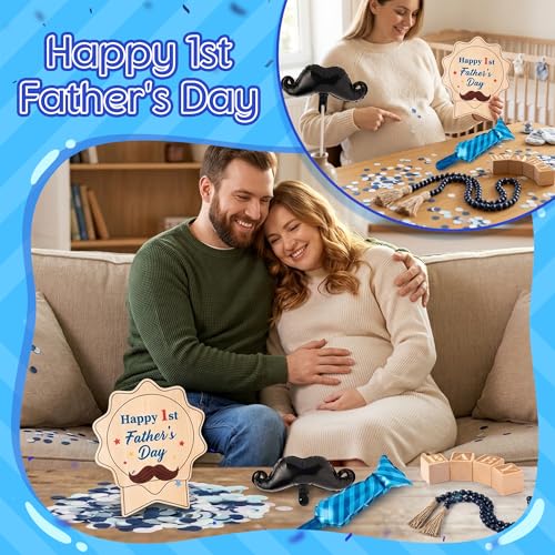 9Pcs Pregnancy Announcement Set Coming Soon Baby Announcement Ideas Include Happy Father's Day Wooden Sign Balloon Beads Garland New Parents Pregnancy Reveal Photo Prop Backdrop for 1st Father's Day - color: Blue