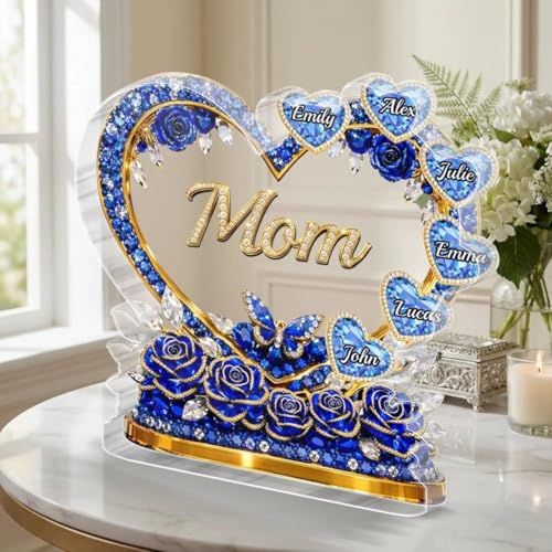 LOVELYPOD Custom Mom Heart With Crystal Roses 2D Acrylic Plaque, Personalized Grandma Plaque with Grandkid Names, Mama Gift from Son Daughter, Birthday Mother's Day Mom Gift, Family Home Decor - color: Design #4