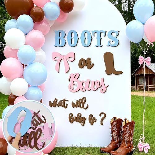 Wooden Gender Reveal Sign Stickers What Will Baby Be Balloon Arch Signs Boots or Bows Gender Reveals Party Decoration Supplies Baby Shower Backdrop Decals Boy or Girl Sticker He or She Welcome Sign - color: Brown & Pink Boots Or Bows Sign