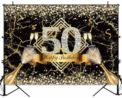 Sensfun Happy 50th Birthday Backdrop - Black Gold Marble Texture Glitter Diamonds Fabulous Birthday Photography Background Supplies - 10x7ft - size: 10x7ft