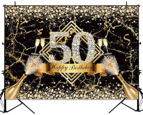 Sensfun Happy 50th Birthday Backdrop for Women Black Gold 50th Birthday Decorations Marble Texture Glitter Diamonds Fabulous 50 Years Old Photography Background Supplies Photo Props 7x5ft - size: 7x5ft