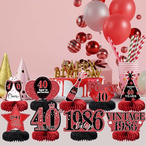 9Pcs 40th Birthday Decorations Red and Black 40th Birthday Party Decorations for Women,Happy 40 Years Vintage 1986 Aged Honeycomb Centerpieces Table Sign Decor Supplies - color: Red Black 40th