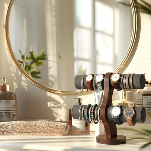 RattanView 2 Tier Walnut Bracelet Holder Display Wooden Watch Stand Organizer T Bar Rack Storage Tower for Selling Retail - color: Gray