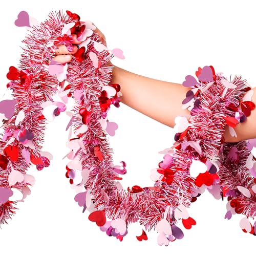 Valentines Garland Decor,50Ft Glitter Tinsel Heart Garland Decorations for Tree Mantle Bedroom Office Classroom Party Indoor Outdoor Holiday Home Pink Red White - color: Red