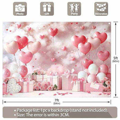 Fabric 7x5ft Valentine's Day Photography Backdrop Pink Rose Dreamy Clouds Love Heart Balloons Background Girls Women Wedding Bridal Shower Party Decorations Photo Props