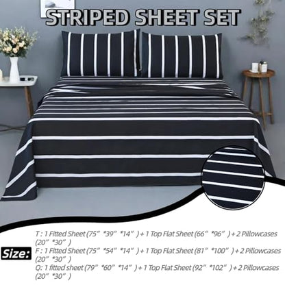 MAG 4Pcs Striped Full Sheet Sets,Black and White Full Size Microfiber Sheets Set,Included 1 Fitted Sheet 14'' Deep Pocket+1 Flat Sheet+2 Pillowcases Soft and Breathable,Wrinkle and Fade Resistant. - color: Striped, size: Full