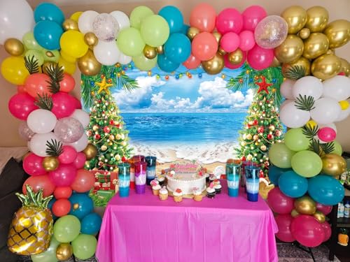 July Christmas Backdrop 8x6FT Summer Beach Christmas Photography Background Tropical Hawaiian Xmas Party Decorations Supplies Photo Props - size: 8x6FT
