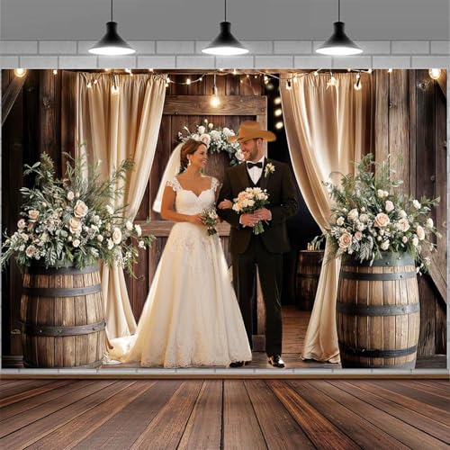 5X3ft Wooden Wedding Backdrop Banner Vintage Country Floral Barn Door Anniversary Photography Backdrops Western Rustic Plank Birthday Party Baby Shower Party Photographic Studio Photo Backgrounds - color: Multi1, size: 5X3FT