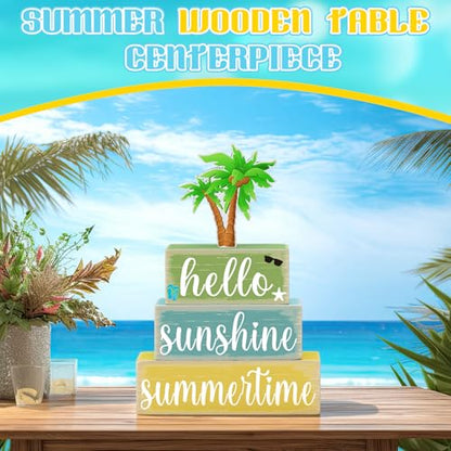 GlikCeil 4 Pcs Summer Wooden Tabletop Decor Hello Summer Tiered Tray Decor Sunshine Centerpiece Rustic Summertime Decorative Block Sign Gift Farmhouse Rustic Table Decoration for Home Kitchen Decors - style: Coconut Tree