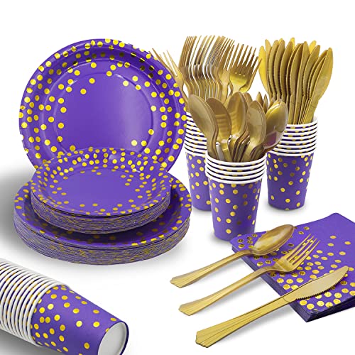 AIRE 175PCS Purple Gold Paper Plates Party Supplies for 25 Guests Party Decorations Disposable Dinnerware Paper Plates Cups Napkins Gold Plastic Forks Knives Spoons for Birthday Baby Shower Wedding - color: 175pcs Purple and Gold