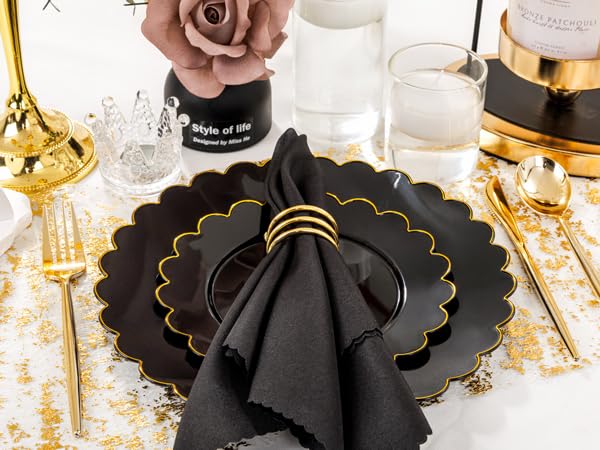 SUT 72 PCS Black Plastic Plates with Gold Rim, plates Disposable Heavy Duty, 10.25 inch plastic Dinner Plate, black Disposable plate for Party - color: Black/Gold, size: 10.25 Inch