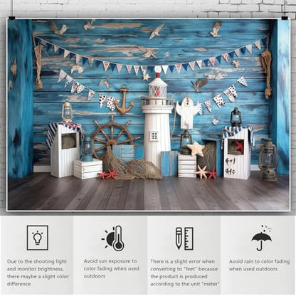 YongFoto Nautical Adventure Theme Backdrop 7x5ft Blue Deck Lighthouses Boat Rudder Fishing Net Seagull Photography Background Baby Shower Boy Birthday Party Banner Portraits Photoshoot Wallpaper - color: Style 1, size: 7ftx5ft