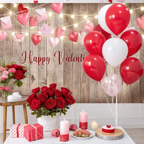 Rustic Valentine's Day Photography Backdrop 72 x 44 Inch - Wooden Happy Valentine's Day Banner with Hearts & Lights for Romantic Shoots - color: Wooden