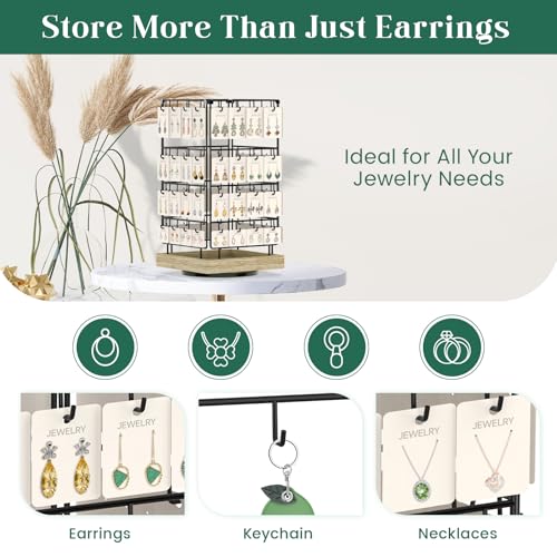EsLuker.ly Rotating Earring Display Holder Stand for Vendors Events Selling, Large Capacity 64 Hooks Jewelry Rack with Wooden Base for Earring Card Sales, Enhances Retail Display Visibility - color: Oak+Black