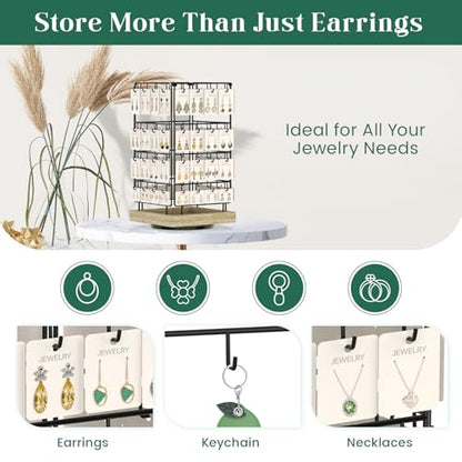 EsLuker.ly Rotating Earring Display Holder Stand for Vendors Events Selling, Large Capacity 64 Hooks Jewelry Rack with Wooden Base for Earring Card Sales, Enhances Retail Display Visibility - color: Oak+Black