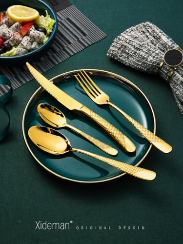 16-Piece Luxury Gold Hammered Silverware Set with Ultra Sharp 2-IN-1 Serrated Knife, 18/10 Stainless Steel Flatware Set, Tableware Cutlery Set for 4, Forks Spoons Knives Set - color: Gold