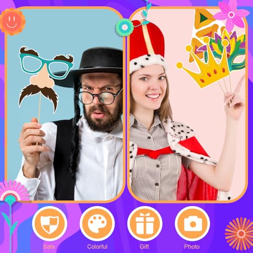 40 Pcs Happy Purim Decorations Photo Booth Props, Funny Jewish Holiday Selfie Props with Sticks Hamantaschen Signs for Purim Masquerade Celebration Party Supplies
