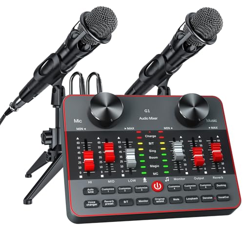 Podcast Equipment Bundle for 2 Mic Tiktok Video Content Creator Kit, Audio Interface DJ Mixer Sound Card/Board Condenser Microphone for Studio Smartphone/PC/Laptop Broadcast Recording/Live Stream