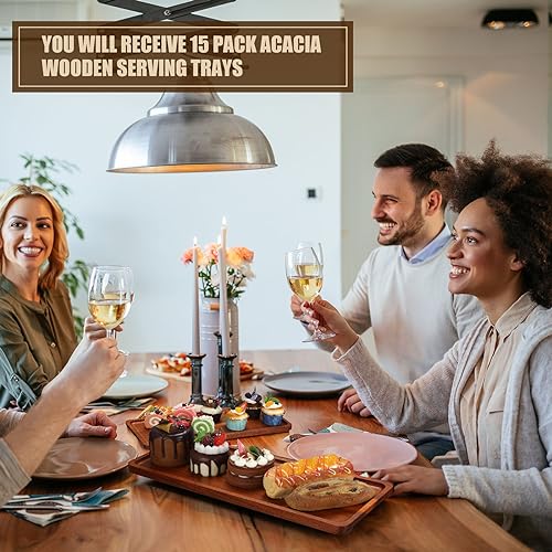 Skylety 15 Pack Solid Wood Serving Tray Large Acacia Party Server Platter Rectangular Charcuterie Board with Grooved Handle for Home kitchen Cheese Appetizer Farmhouse Table Supplies (16.7 x 6.4 Inch) - size: 16.7 x 6.4 Inch