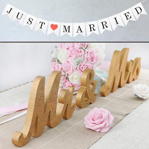 Mr and Mrs Signs Wedding Table Decorations, Wooden Freestanding Letters for Photo Props, Rustic Wedding Decoration, Anniversary Wedding Shower Gift (Rose gold + banner) - color: Rose Gold with banner