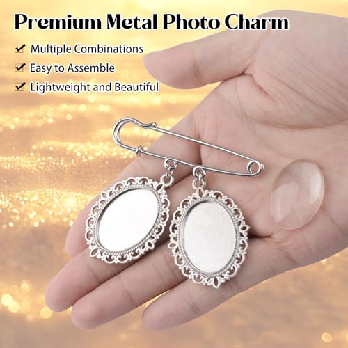 3Pcs Silver Wedding Bouquet Photo Charm Pins, Bouquet Charm for Gift Bridal Shower Graduation Memorial Photo Pin Brooch Making Kit for Mother