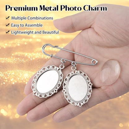 3Pcs Silver Wedding Bouquet Photo Charm Pins, Bouquet Charm for Gift Bridal Shower Graduation Memorial Photo Pin Brooch Making Kit for Mother