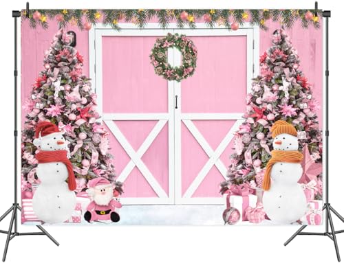 8 x 6 ft Christmas Photography Backdrop, Pink Xmas Tree Winter Snowing Christmas Hili Barn Door Photo Shoot Props Backround Party Banner Decoration - size: 8 x 6 ft