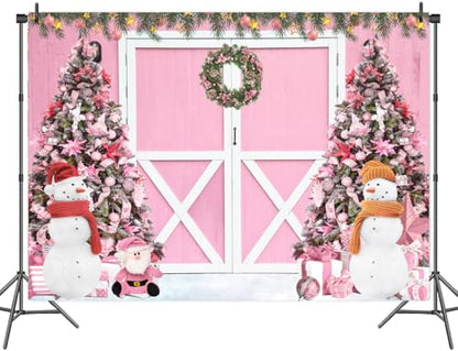 6 x 4 ft Christmas Photography Backdrop, Pink Xmas Tree Winter Snowing Christmas Hili Barn Door Photo Shoot Props Backround Party Banner Decoration - size: 6 x 4 ft
