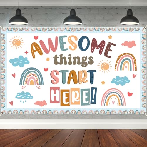 Wiooffen Back to School Classroom Decorations Boho Motivational Inspirational Quotes Backdrop Awesome Things Start Here Hanging Banner Photo Booth Props Background for School Hallway Home Wall Decor