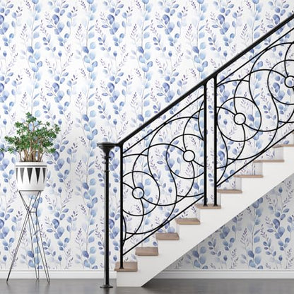 Extra Long Boho Blue Leaves Contact Paper, 17.5In x 393In Casual Eucalyptus Botanical Peel and Stick Wallpaper for Bedroom Cubicle Kitchen, Vinyl Natural Foliage Mural Self Adhesive Wall Paper - color: White/Pale Blue, size: 17.5" x 393"