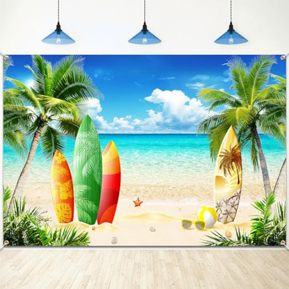 Beach Party Decorations Summer Beach Backdrop Luau Surfboard Photo Backdrop Banner Tropical Hawaiian Photo Booth Props Seaside Island Pool Party Supplies