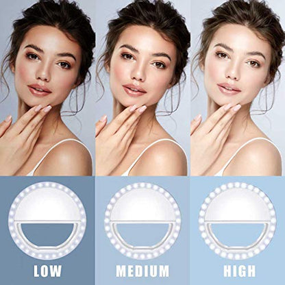 Meifigno Selfie Ring Light, [Rechargeable] with 36 LED Lights, 3-Level Adjustable Brightness Clips On Phone Ring Light Compatible with iPhone 16 15 14 13 12 11 Plus Pro Max iPad Laptop Samsung, White