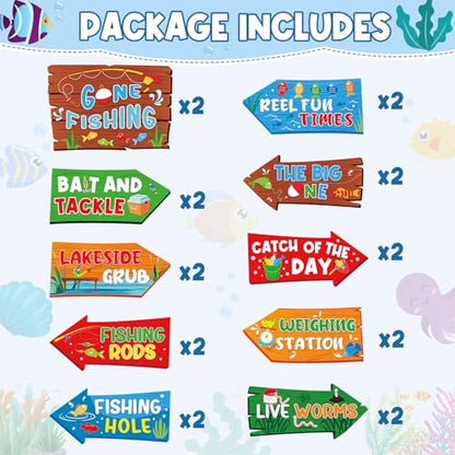 Hooqict 20 Pieces Gone Fishing Sign Fishing Birthday Party Decorations Welcome Direction Signs for Kids Summer Birthday Party Supplies Retirement Decorations Baby Shower Fish Cutouts - style: Gone Fishing