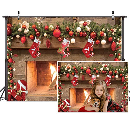 7x5ft Fireplace Backdrop Christmas Fireplace Photography Background for Wall Winter Holiday Family Merry Christmas Eve Party Decorations Banner Portrait Photo Booth Props ﻿ - size: 7x5ft