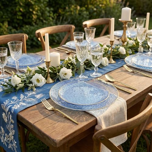 I00000 150Pcs Clear Blue Plastic Plates with Gold Rim,Blue Disposable Plates,Clear Hammer Patterned Disposable plates Set include 30 Dinner Plate,30 Dessert Plate,90 plastic Silverware Set for Party - color: Clear Blue