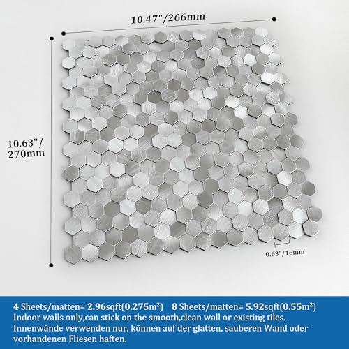 3D Metal Peel and Stick Backsplash for Kitchen,Mini Hexagon Tile Stickers Self Adhesive Wall Tiles Heat Resistant(8 Sheets,Silver) - color: Silver
