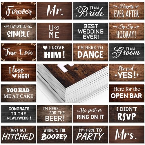 24 Designs Rustic Wedding Photo Booth Props Double Sided 11x5.5 Inch Photo Booth Props Vintage Marriage Parties Decor Anniversary Wedding PVC Selfie Signs for Engagement Bridal Party Supplies - color: Wood, style: Rustic Wedding