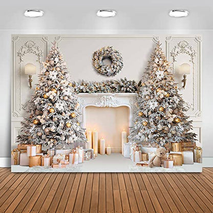 Mocsicka Classic Christmas Interior Room Photography Backdrop White Christmas Fireplace Photo Background Decorated Xmas Tree Family Kids Holiday Party Banner Decorations Photo Booth Props (8x6ft) - size: 8x6ft